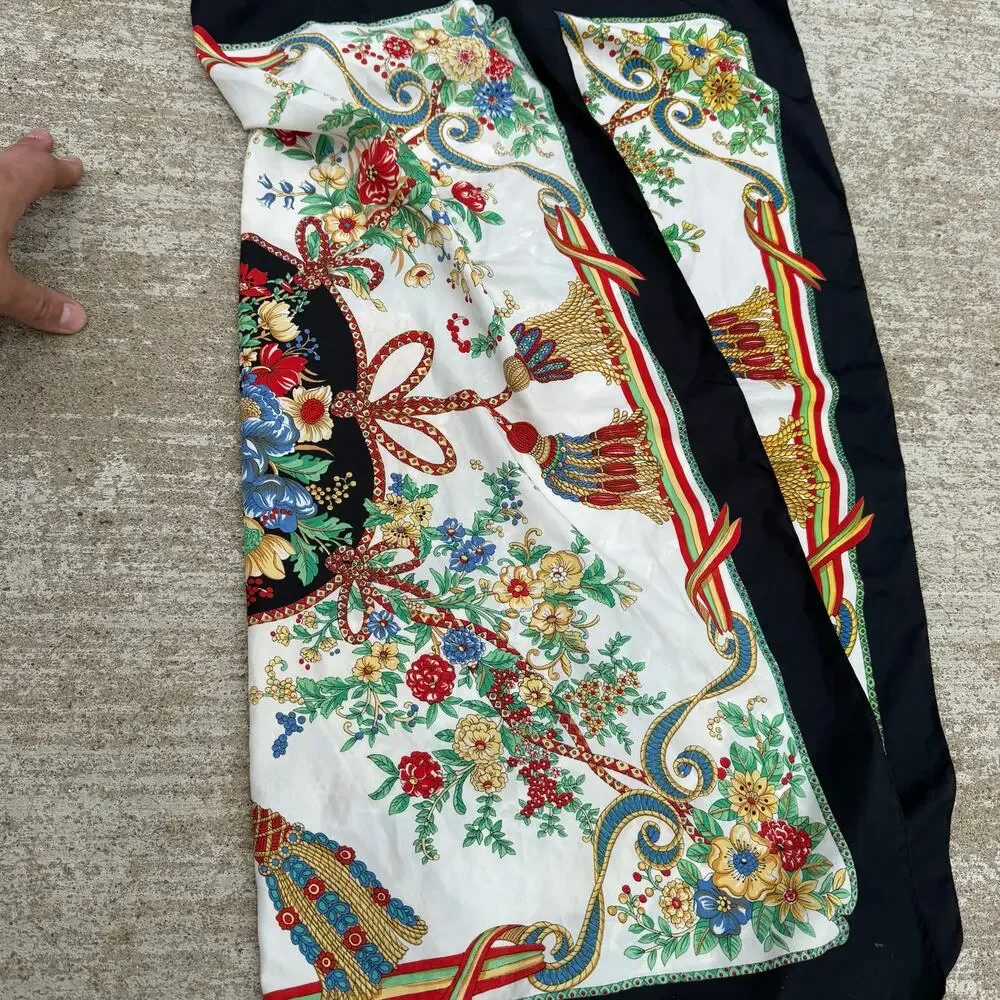VTG Floral Bouquet Tassel Square Scarf Black White Multicolor Satin Silk Look